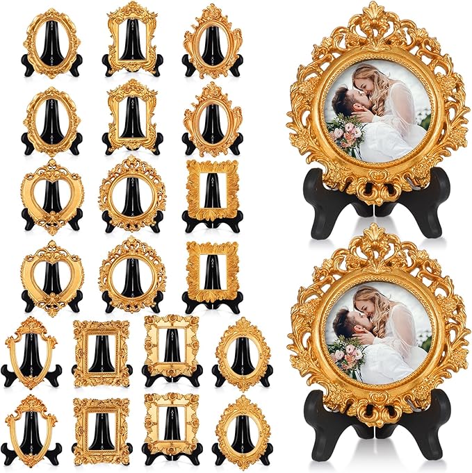 Tatuo 20 Sets Mini Picture Frames and Display Stands Vintage Resin Empty Photo Frame Stable Black Plastic Faux Wood Hangable Stand for Home Office Bedroom Wedding Decor Filming Props Stable (Gold)