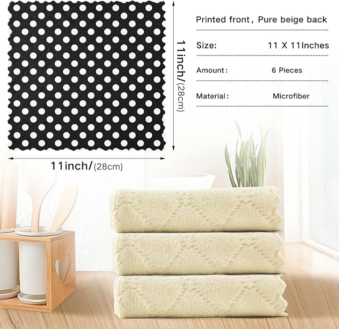 CaTaKu Polka Dot Microfiber Reusable Cleaning Cloths Kitchen Dish Cloths Dish Rags for Washing Dishes, Black and White Dish Towels Washcloths for Kitchen Drying, 6 Pack