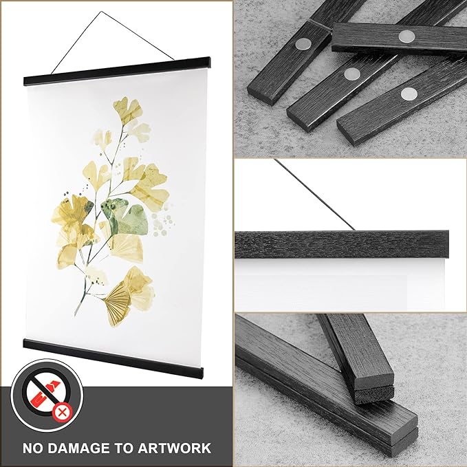 WITCOLOR Magnetic Poster Hanger, 17x11 17x24 17x17 Poster Frame Wood Wooden Magnet Print Posters Dowel Scroll Hanger Hangers Hanging Kit for Walls Map Canvas Artwork (Black Wood, 17", 1 Pack)