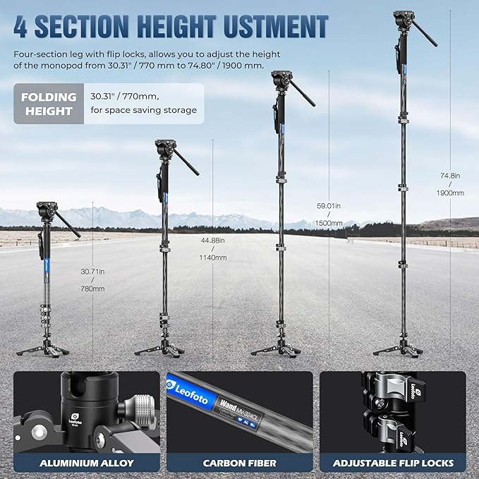 LEOFOTO Carbon Fiber Camer Monopod Kit, 63" Professional Video Monopod with Fluid Head and Folding Support Base for Video Cameras Camcorders