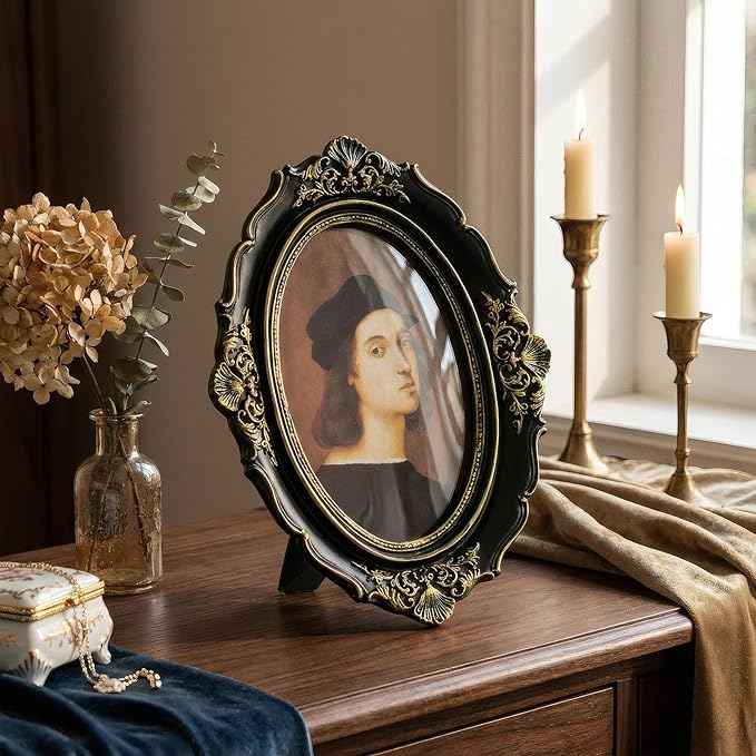 Cuspin 4x6 Oval Picture Frame, Vintage Ornate Baroque Black and Gold Resin Photo Frame with Glass Front, Wall Hanging or Tabletop Display