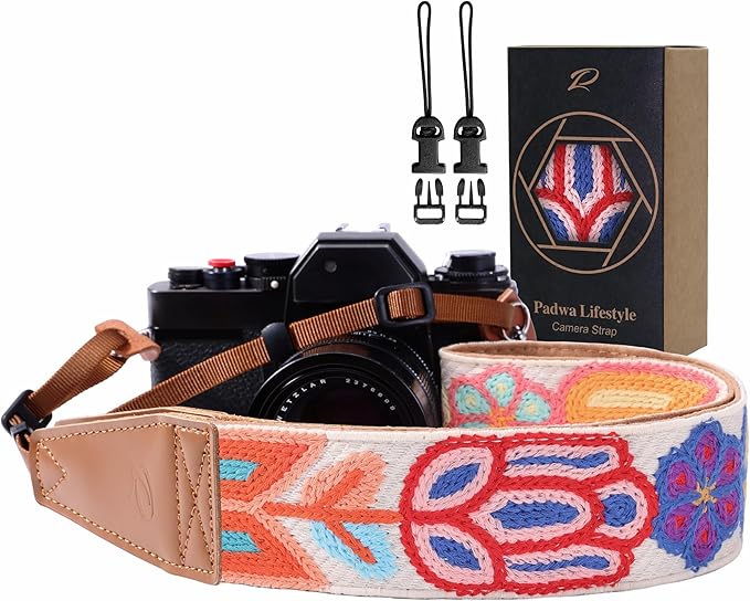 Padwa Lifestyle Colorful Crochet Camera Strap - 2" Full Grain Leather Ends Camera Straps for Photographers, Vintage Woven Cotton Soft Suede Fabric Padded Strap with Quick Release fits All Cameras