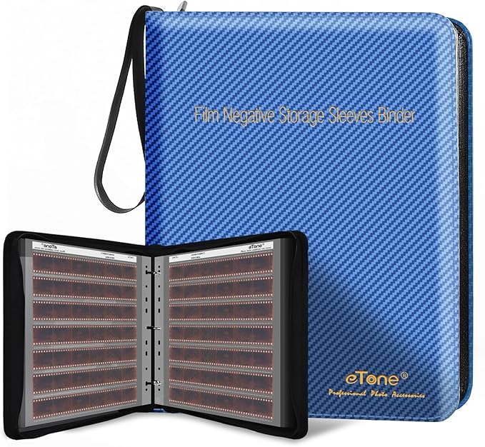 eTone Film Negative Storage Album, Black PU Leather, 50 35mm Acid-Free Sleeves, Triple Ring Binder Box, 13.18x7.08x1.96 Inch (Blue)