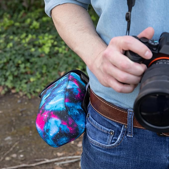 USA Gear Camera Sleeve (Large) for Mid-Size SLRs Compatible with Sony A7 V, Canon EOS R6 Mark II, Nikon Z50II & more - Padded Neoprene DSLR Case with Zipper Accessory Pocket & Belt Loop (Galaxy)