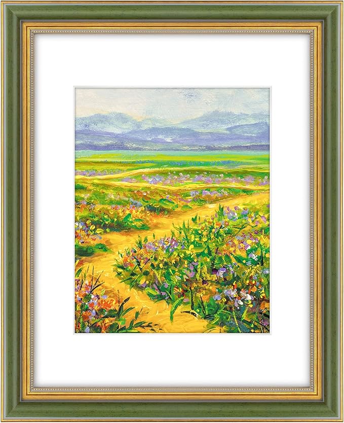 Golden State Art,11x14 Ornate Picture Frame for 8x10 Photo with Mat or 11 x 14 Prints Without Mat, Real Glass Wall Display Horizontally or Vertically (Color:Green Gold)