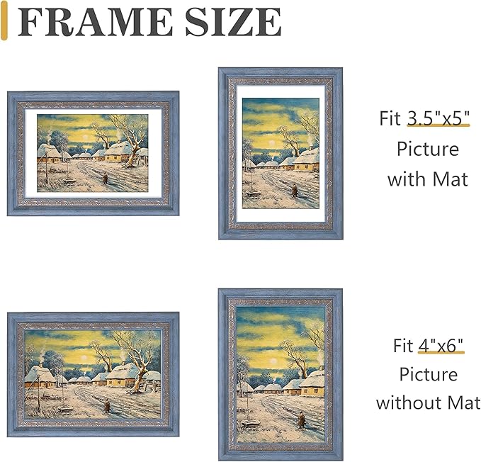 VIOLABBEY 4x6 Picture Frame Blue Gold, Display 3.5x5 Photo with Mat or 4x6 without Mat, Ornate Vintage 4 x 6 Frame for Wall Decor or Tabletop Display, Blue Gold