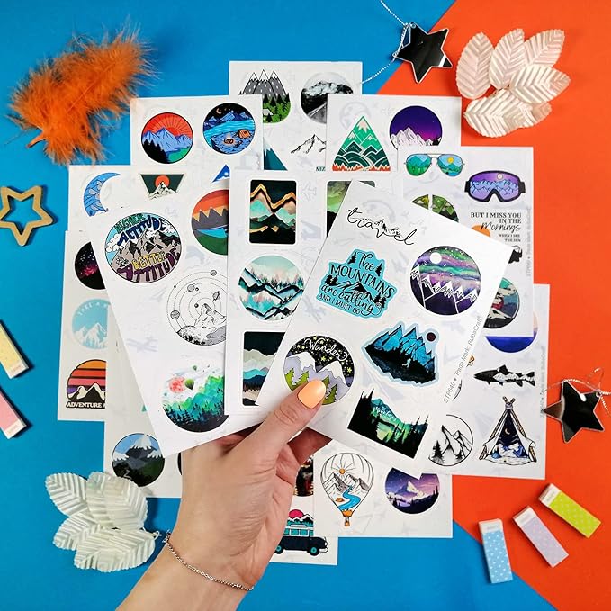 BulbaCraft 100 Pcs Mountain Stickers for Water Bottle, Outdoor Stickers, Camping Decals, Nature Decals, Party Supplies Camping Theme, Gifts for Women & Men