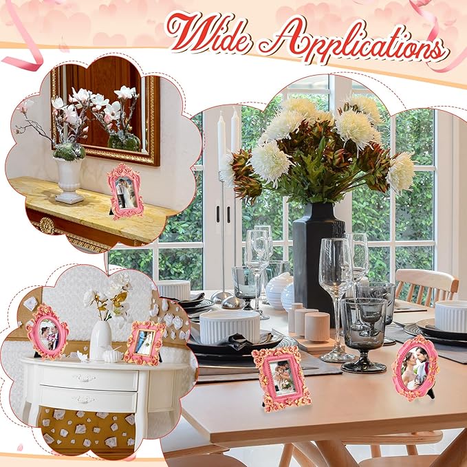 Maitys 5 Pcs Mini Picture Vintage Frames with Stands Tiny Antique Photo Baroque Ornate Resin Oval Frame Table Top Display Home Wedding Decor (Pink Gold)