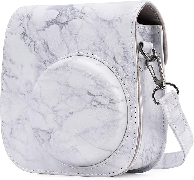 Frankmate Protective Case Compatible with Fujifilm Instax Mini 12 11 9 8 Instant Film Camera with Pocket and Adjustable Strap (White marble)