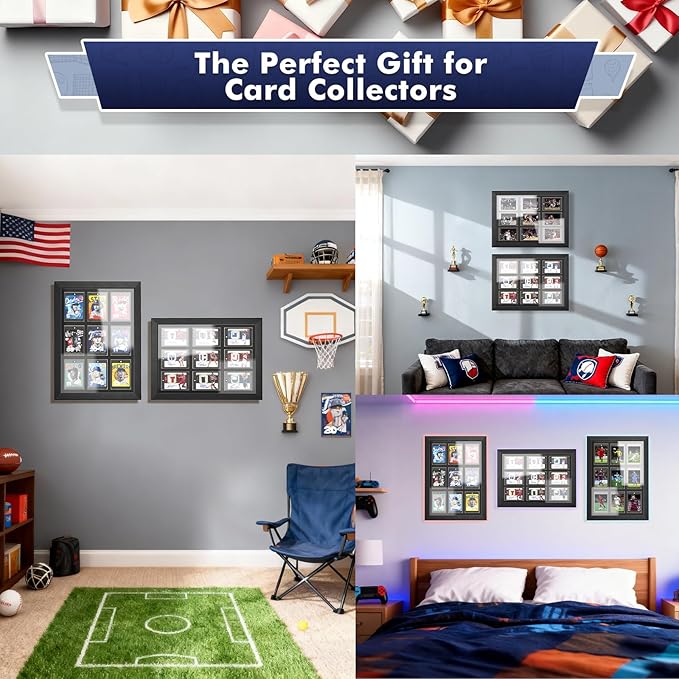 Trading Card Display Case for 9 Standard Cards - Wall Mount Baseball Card Display Case with UV Protection Magnetic Card Holder, Sports Display Cases for Football Basketball Hockey Card Collection
