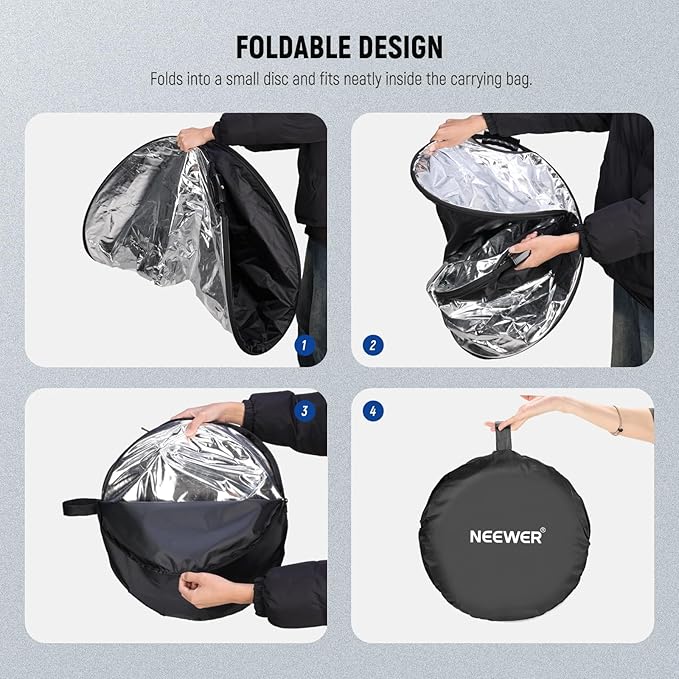 NEEWER 51"/130cm Light Reflector with Handle Grip & 3/8" Thread, 5 in 1 Foldable Disc Light Diffuser Translucent/Silver/Gold/White/Black for Photography Lighting, Outdoor Lighting, RF-130II