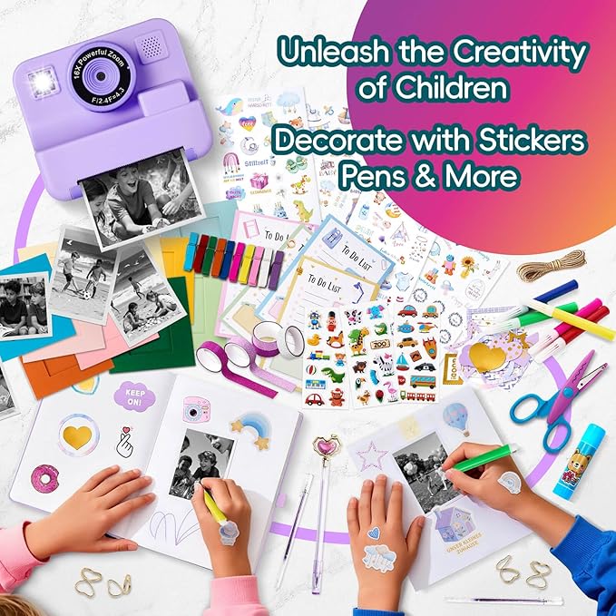 Kids Instant Print Camera, 1080P Selfie Video Camera with DIY Journal Kit – 200+ Accessories, Christmas & Birthday Gifts for Girls & Boys Ages 3-12 (Purple)