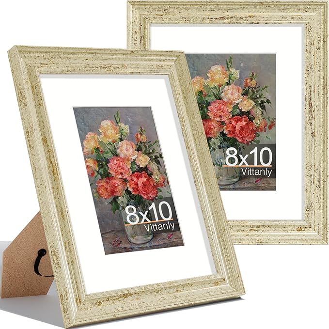 Vittanly 8x10 Picture Frames Set of 2, Ornate Vintage Photo Frame for Wall or Tabletop, Display 5x7 Pictures with Mat or 8x10 without Mat, Green Gold