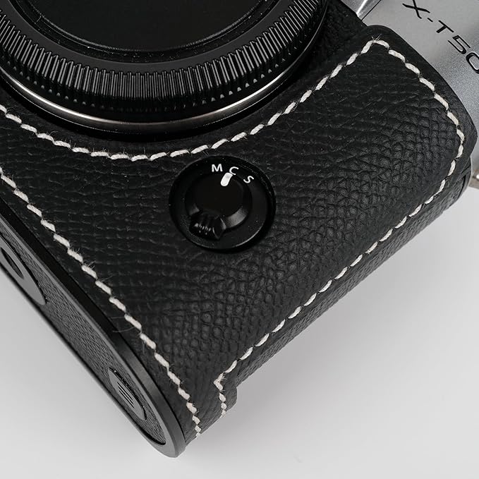 Uchandmade Handmade Genuine Leather Camera Half Case for Fujifilm X-T50/Fujifilm X-T50 Camera Case/Fujifilm X-T50 Case - Top Layer Cowhide Body + Metal Base Plate (89 Black & White Link)