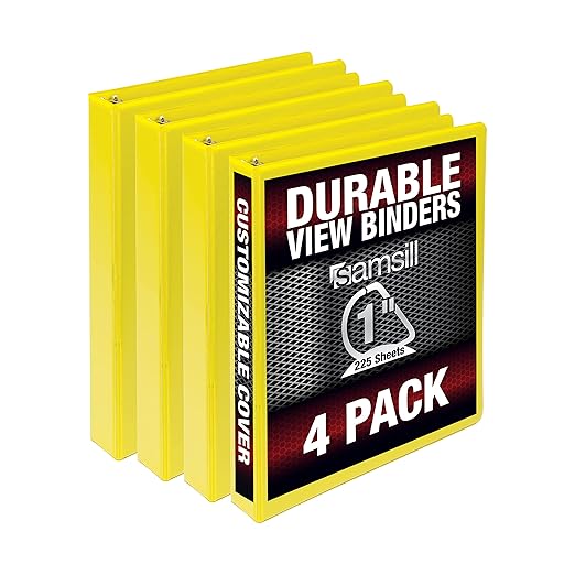 Samsill Durable 1 inch 3 Ring Binder, Made in USA, D Ring Binder, FSC 100% Recycled Chipboard, Yellow, 4 Pack