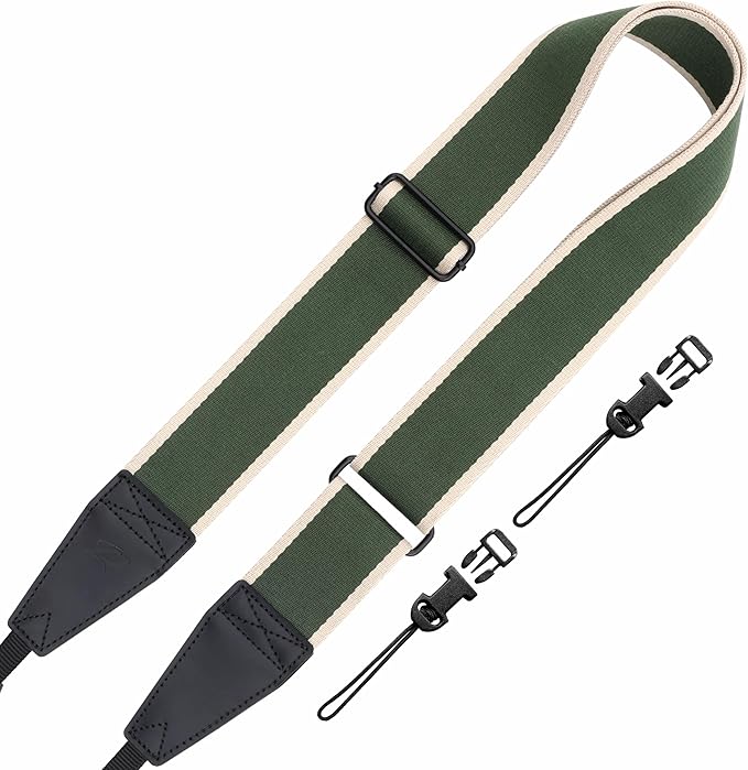 Padwa Lifestyle Adjustable Camera Strap - 2" Top Layer Cowhide Head Camera Straps for Photographers,Soft Cotton Crossbody Strap with Quick Release fits All Cameras - Green Stripe