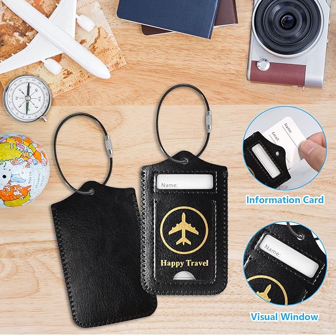 Luggage Tags, ACdream Leather Case Luggage Bag Tags Travel Tags 2 Pieces Set, Black