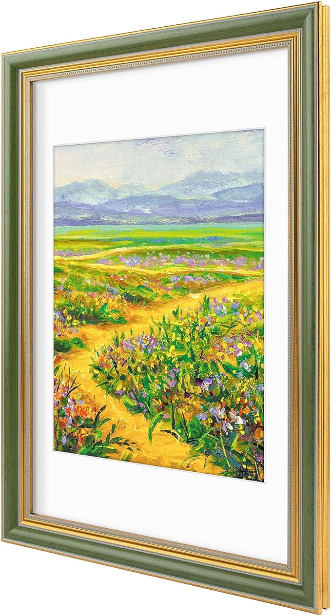 Golden State Art,11x17 Ornate Picture Frame for 9x12 Photo With Mat or 11 x 17 Prints Without Mat, Real Glass Wall Display Horizontally or Vertically (Color:Green Gold)