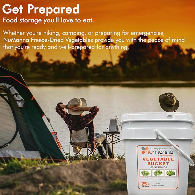 NuManna Freeze-Dried Vegetables Bucket | 100 Servings Contains Peas, Green Beans & Broccoli | Non-GMO, No Preservatives, No MSG Camping and Emergency Veggie Meal Survival Food with 25 Years Shelf Life