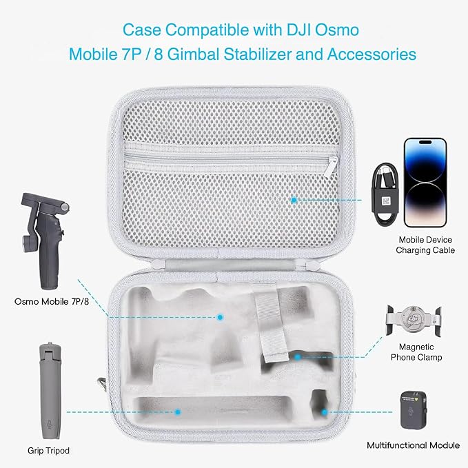 co2CREA Osmo Mobile 8/7P/7 Gimbal Stabilizer Hard Case - Waterproof Travel Storage Box with Custom Foam Insert & Mesh Pocket for DJI OM Mobile 7P Smartphone Gimbal, Accessories, Cables (White Case)