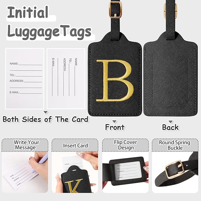 Initial Luggage Tags for Suitcases, Cute Embroidered Letter Luggage Bag Suitcase Identifier Name Baggage Tag, PU Leather Travel Luggage Tags, Bag Tags for Men Women Kids Luggage Handbags(Black B)