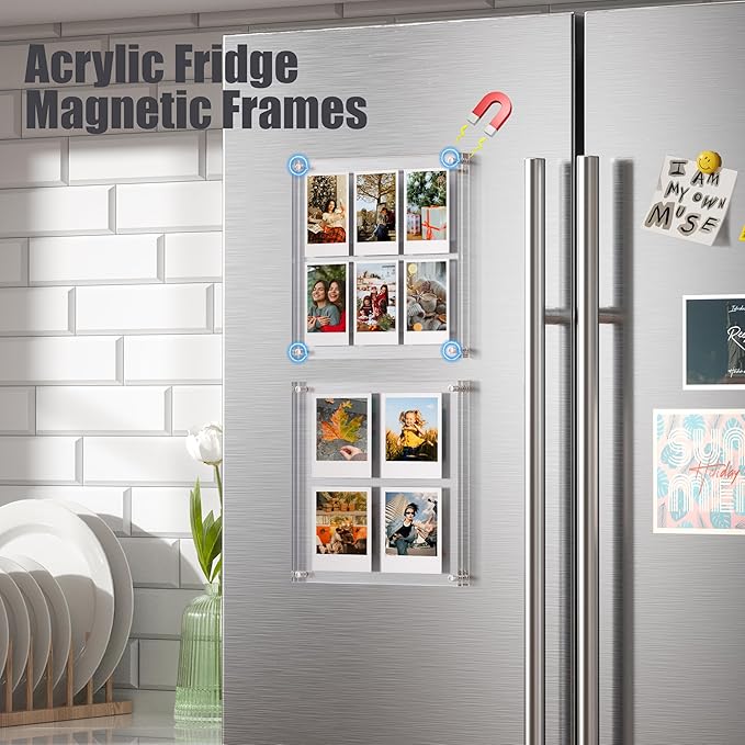 Janaden 2x3 Polaroid Picture Frame Holder for Photos, Acrylic Fridge Magnetic Frame Compatible with Fujifilm Instax Mini/Square Film, Instax Collage Frame for Refrigerator and Desktop Picture Display