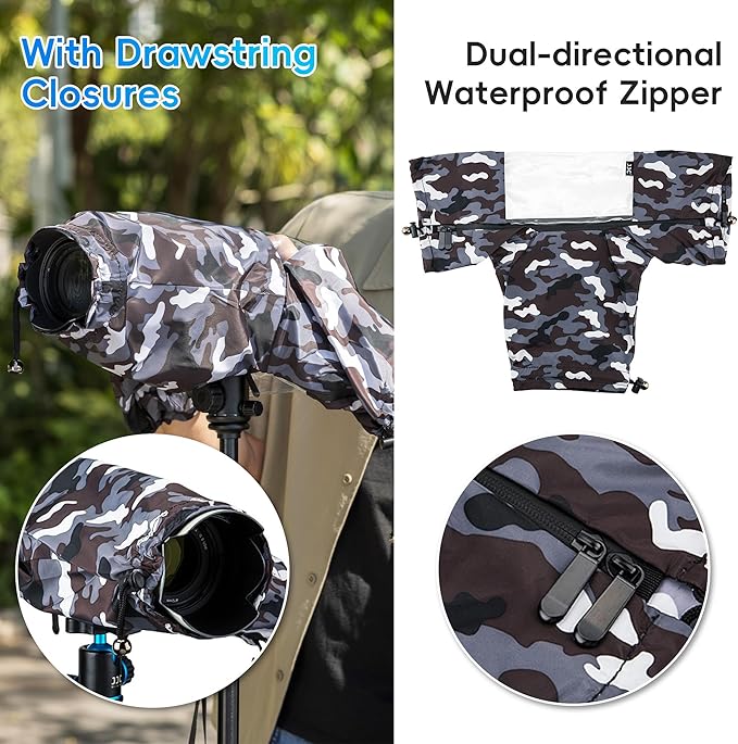 Camera Rain Cover Sleeve Gear Camo for Canon EOS R5 Mark II R10 R7 R6 R Rp Rebel T7 T8i T7i 90D 80D 4000D SL3 SX70 Nikon Z7II Z6II Z5 D780 D850 D7500 D5600 D3500 Coolpix P1100 P1000 P950