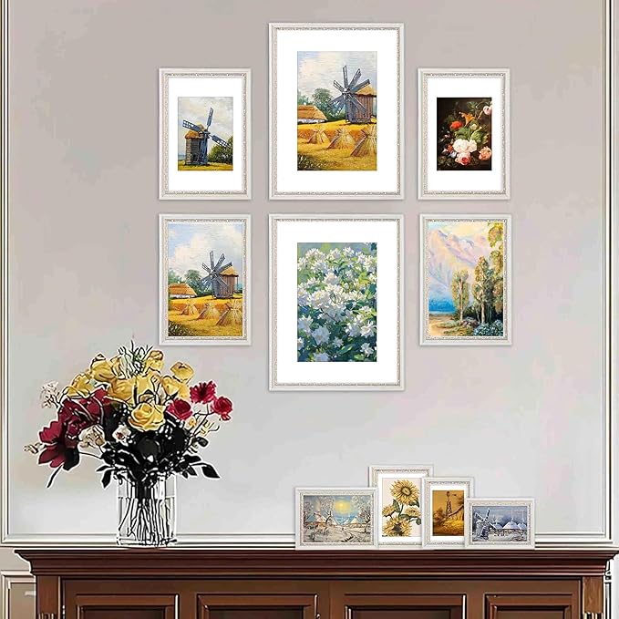 VIOLABBEY 12x16 White Gold Picture Frame, Display 8x12 Photo with Mat or 12x16 without Mat, Ornate Vintage 12 x 16 White Gold Frame for Wall Decor or Tabletop Display
