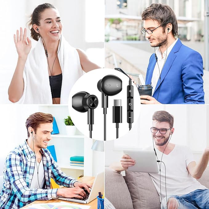 USB C Headphones for Samsung S26 S24+ S25 Ultra 23, Type C Earphones with Microphone Magnetic Volume Control HiFi Stereo Wired Earbuds for iPhone 17 Pro Max Air 16/Galaxy A53 S22 S21 FE Fold/Pixel 10
