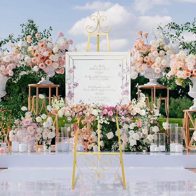 Gold Easel Stand for Wedding Sign, 55'' Adjustable Vintage Scroll Floor Display Stand with Chain Support for Welcome Poster, Art, Photo, Decorative Event Display