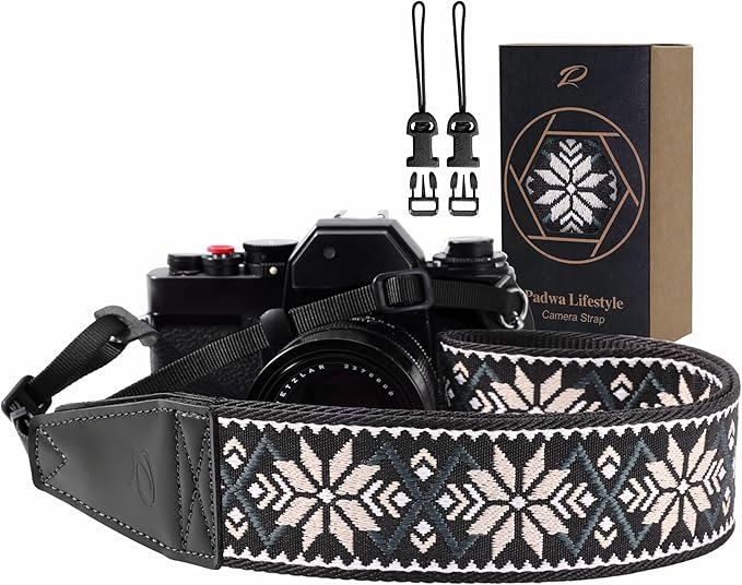 Padwa Lifestyle Camera Strap - 2" Full Grain Leather Ends Camera Straps for Photographers, Vintage Embroidered Cotton Weave Soft Strap Quick Release fits All Cameras