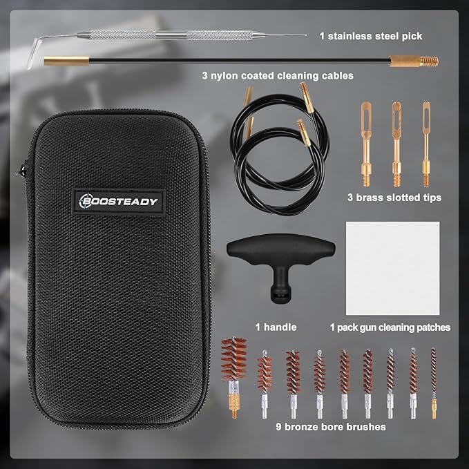 BOOSTEADY Gun Cleaning Kit .17 .22/.223/5.56MM .243 .280 .30 .357/9MM .40 .45 12GA Multi-Caliber Phosphor Bristle Bore Brushes with Flexible Threaded Bore Cleaning Coated Cables in Zippered Case