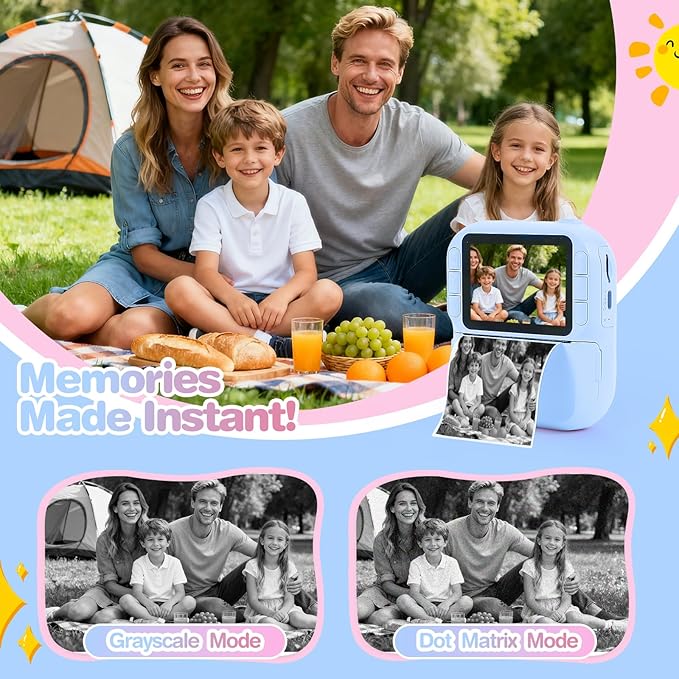 Kids Camera Instant Print with Color & Black-White Printing, 1080P HD Digital Selfie Camera for Children, 32GB, 2.4" Screen, 16X Zoom, Games, MP3 for Boys Girls Ages 3-12 (Blue)