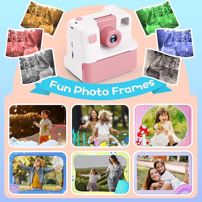 Kids Camera Instant Print, Christmas Birthday Gifts for Girl Boys 3-12 Years Old, FHD Selfie Digital Video Cameras Toddler 3 Rolls Print Paper & 32G Card (Retro, Pink-White)