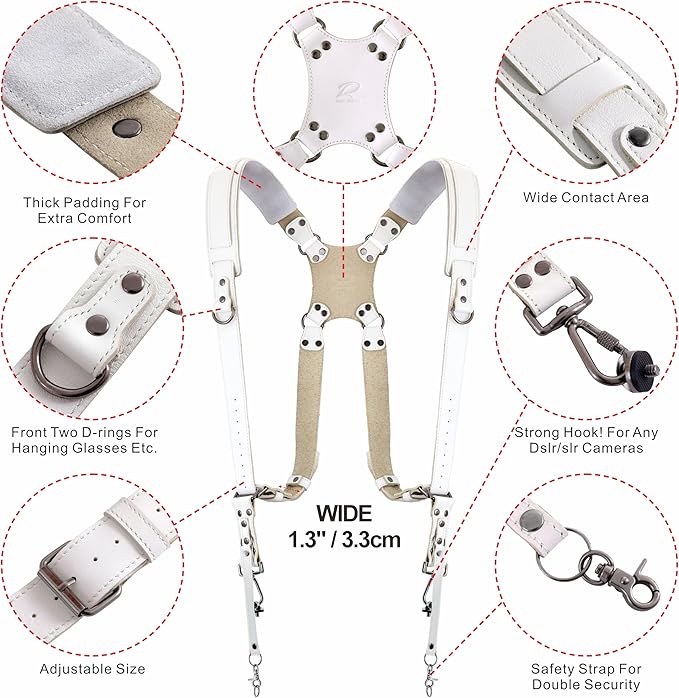 Padwa Lifestyle White Dual Camera Harness for Two Cameras - Wide Strap with Thick Shoulder Padded,Full Grain Leather Double Harness,Multi Camera Gear for DSLR Strap for Photographers