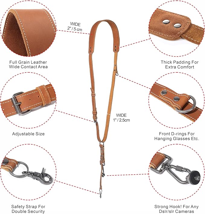 Padwa Lifestyle Tan Single Camera Harness Strap for One Camera - Professional Single Full Grain Leather Camera Harness,Quick Release Gear DSLR Camera Straps for Photographers