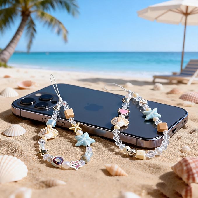 2 Pcs Phone Charm Strap Universal Hand Phone Wrist Strap Camera Lanyard Pearl Beaded Cute Chain String Accessories Universal for iPhone 16 Pro Max Samsung Women Girls Phones Bag Keychain Beach Style