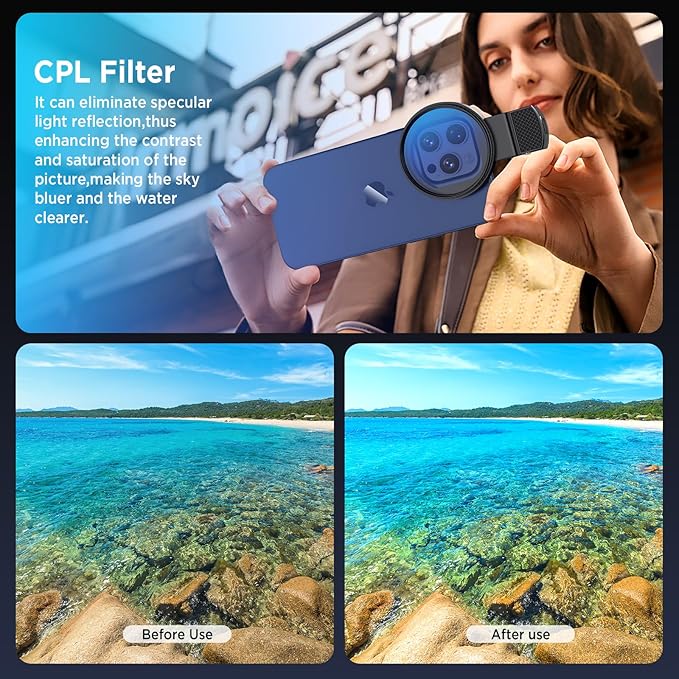 52mm Polarizing Filter for iPhone, Circular Polarized Lens with Upgraded Clip,Rotatable Cpl Filter Compatible with iPhone 16/15/14/13 Pro Max Samsung Moto Google TCL Phone