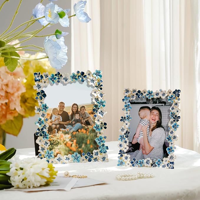 Blue Flower Picture Frame 4x6 Blossom Photo Frame for Tabletop Display, Decorative Flower Design Home Decor