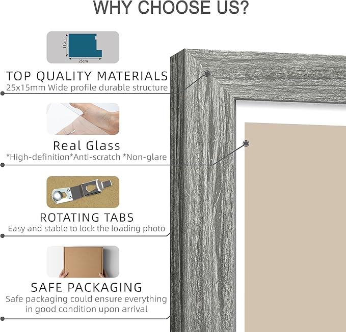 11x14 Picture Frame Set of 4, Made of Real Glass and Grey Wooden Frame, Display 8x10 Pictures with Mat or 11 x 14 Posters without Mat for Wall Mounting, Gallery Photo Frames