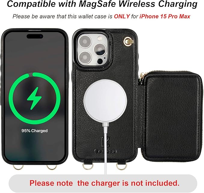 Bocasal for MagSafe Crossbody Wallet Case Compatible with iPhone 15 Pro Max, RFID Blocking Protective Purse Case with Card Slots Holder Kickstand Wrist Strap Lanyard Zipper 6.7 Inch 5G (Black)