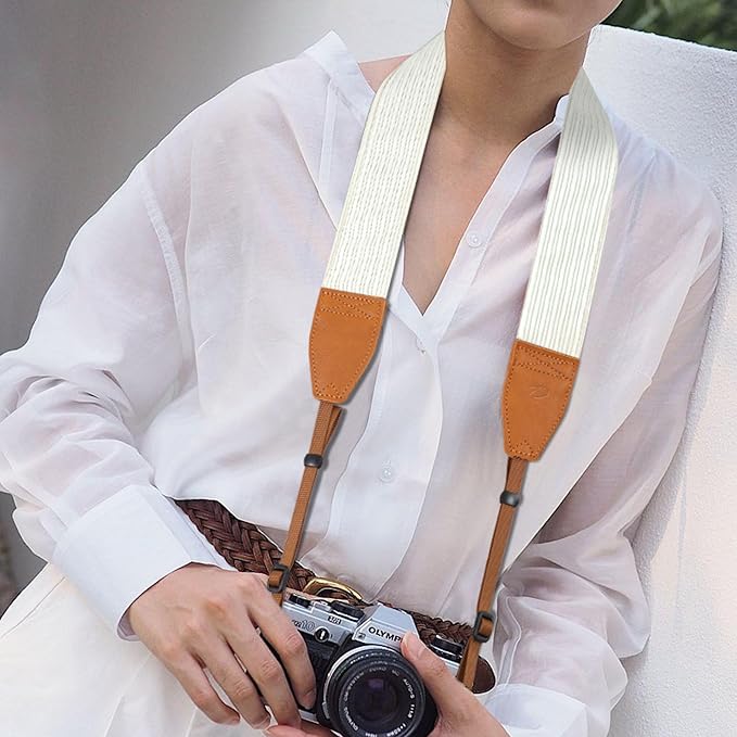Padwa Lifestyle Corduroy Camera Strap - 2" Double Layer Full Grain Cowhide Leather Head Camera Straps for Photographers, Unique Soft Corduroy Fabric with Quick Release fits all Cameras(White)