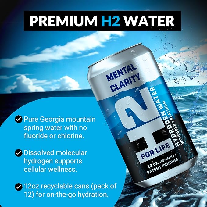 H2ForLife - Hydrogen-Rich Spring Water – Supports Mental Clarity, Recovery, Energy & Oxidative Stress 12 oz per Can (Pack of 12)