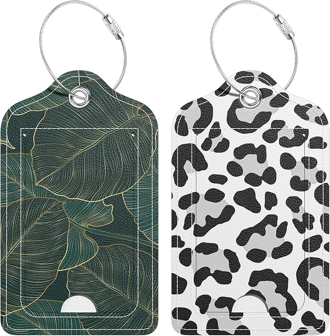 2 Pack PU Leather Luggage Tags for Suitcase, Travel Cruise Luggage Tag with Privacy Flap, Name ID Label and Metal Loop for Women Men Baggage Handbag School Bag Backpack, Leopard Leaves