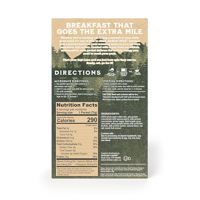 Kodiak Cakes Peak Instant Oatmeal Packets, Maple Brown Sugar, High Protein,100% Whole Grains, 6 box with 4 packets each (Total of 24 packets)