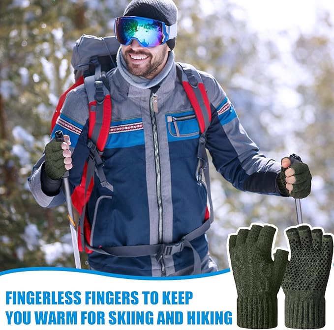Geyoga 2 Pairs Wool Fingerless Fishing Gloves for Men Women Anti-Slip with Grip Dots Warm Winter Fly Ice Fishing Gloves
