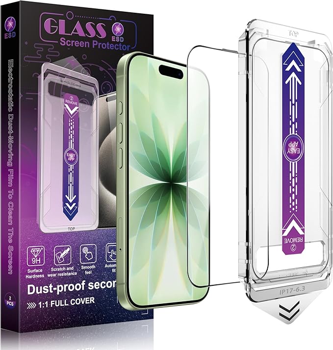 CHRYSHA Screen Protector for iPhone 17, iPhone 16 Pro 6.3-Inch, 2 Pack, 9H Tempered Glass, HD Clear, Full Cover, Anti-Fingerprint, Easy Installation