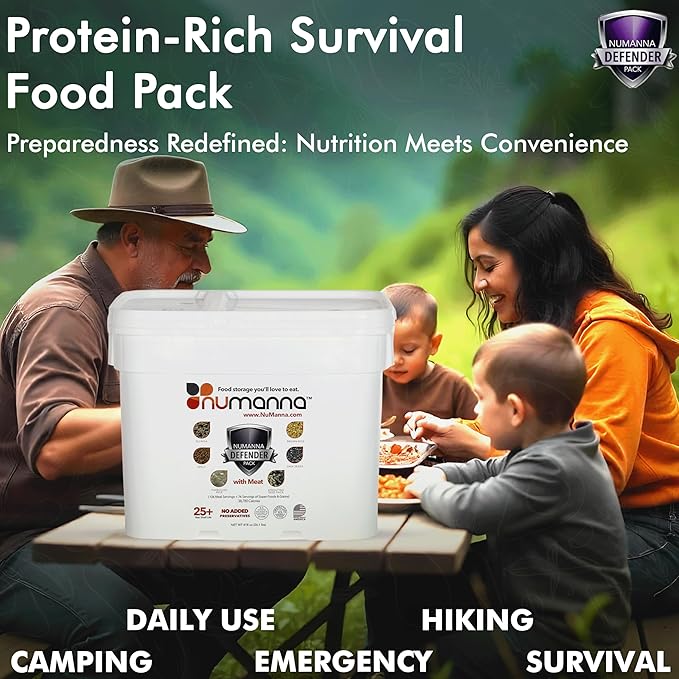 Numanna Defender Pack with Meat Bucket 2,592 Servings | 12-Months Emergency Food Supply | Easy-to-Prepare Survival Meals for Prepping, Camping & Daily Use | 25+ Year Shelf Life | Made in USA