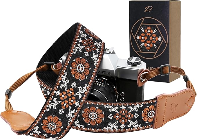 Padwa Lifestyle Camera Strap - 2" Wide Double Layer Cowhide Head Cotton Strap,Vintage Jacquard Embroidery Universal Neck & Shoulder Camera Straps for Photographers and All DSLR Cameras (Brown flower)