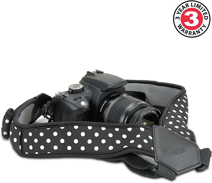 USA Gear DSLR Camera Strap Chest Harness with Quick Release Buckles, Polka Dot Neoprene Pattern and Accessory Pockets - Compatible with Canon, Nikon, Sony Point and Shoot and Mirrorless Cameras
